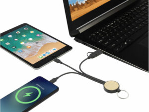 Кабель для зарядки Tecta 6 в 1 из переработанного пластика/бамбука с брелком, сплошной черный — изображение 5