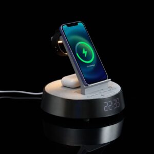 Bluetooth-колонка с беспроводной зарядкой и часами netEnergy, серая — изображение 11