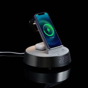 Bluetooth-колонка с беспроводной зарядкой и часами netEnergy, серая — изображение 12