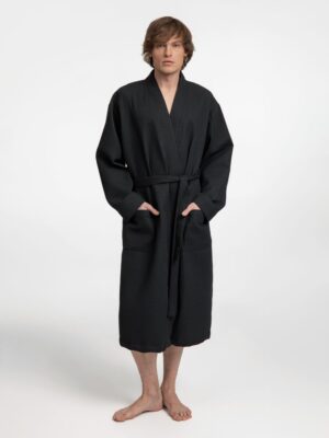 Халат вафельный Kimono, черный — изображение 7