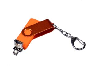 USB-флешка на 32 Гб 3 в 1 поворотный механизм, c двумя дополнительными разъемами MicroUSB и TypeC C с одноцветным металлическим клипом, оранжевый — изображение 3