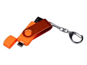 USB-флешка на 32 Гб 3 в 1 поворотный механизм, c двумя дополнительными разъемами MicroUSB и TypeC C с одноцветным металлическим клипом, оранжевый — изображение 4