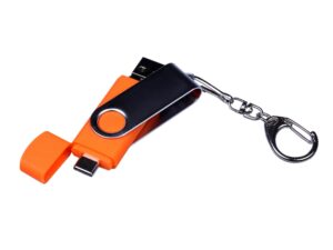 USB-флешка на 32 Гб поворотный механизм, c двумя дополнительными разъемами MicroUSB и TypeC, оранжевый — изображение 4