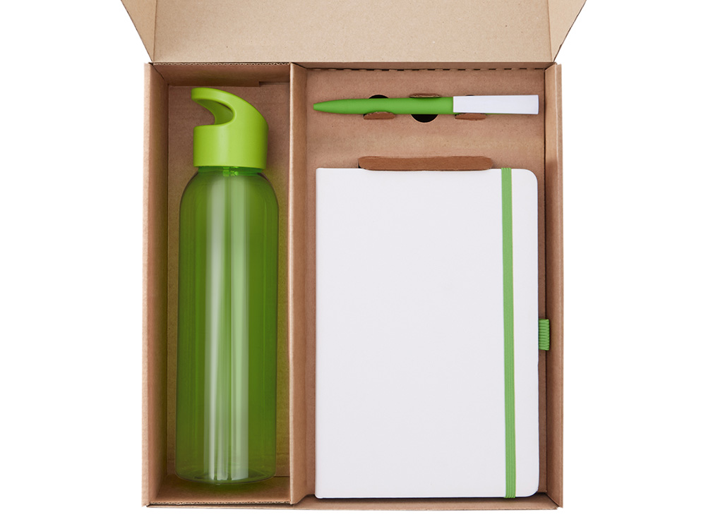 Подарочный набор с бутылкой для воды. блокнотом, ручкой и ланчбоксом, зеленое яблоко — изображение 2