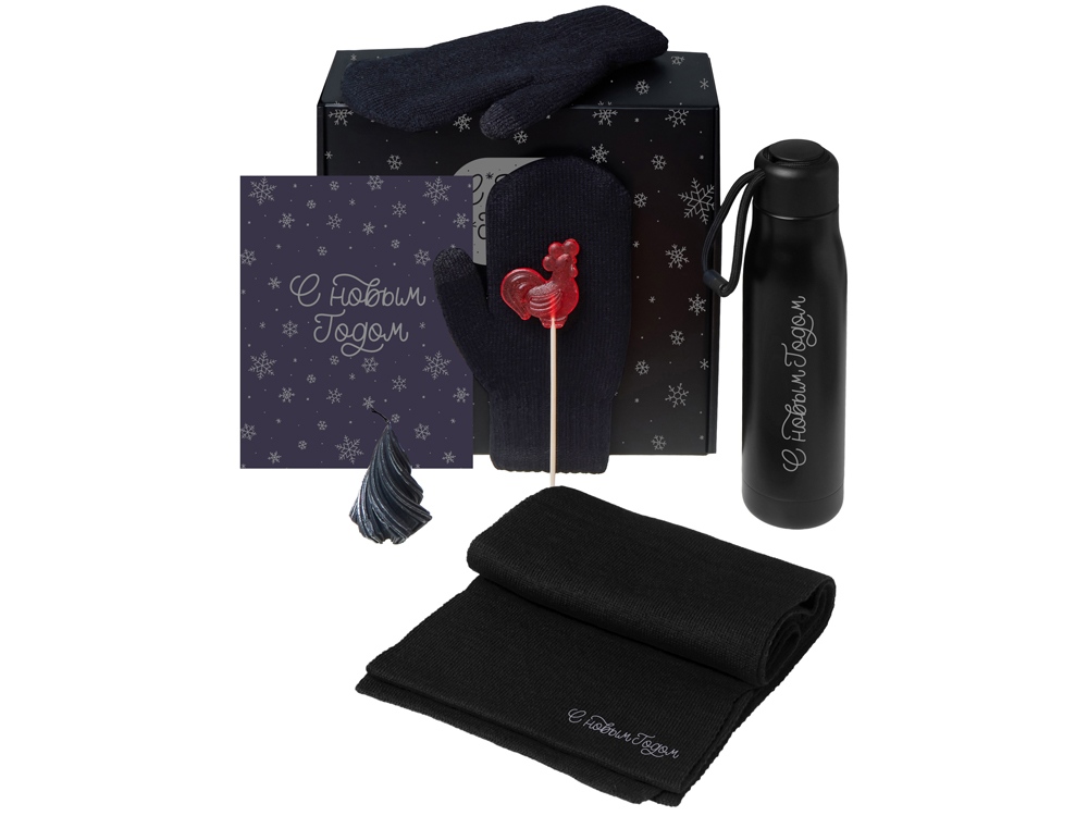 Подарочный набор с варежками, шарфом и термосом, черный