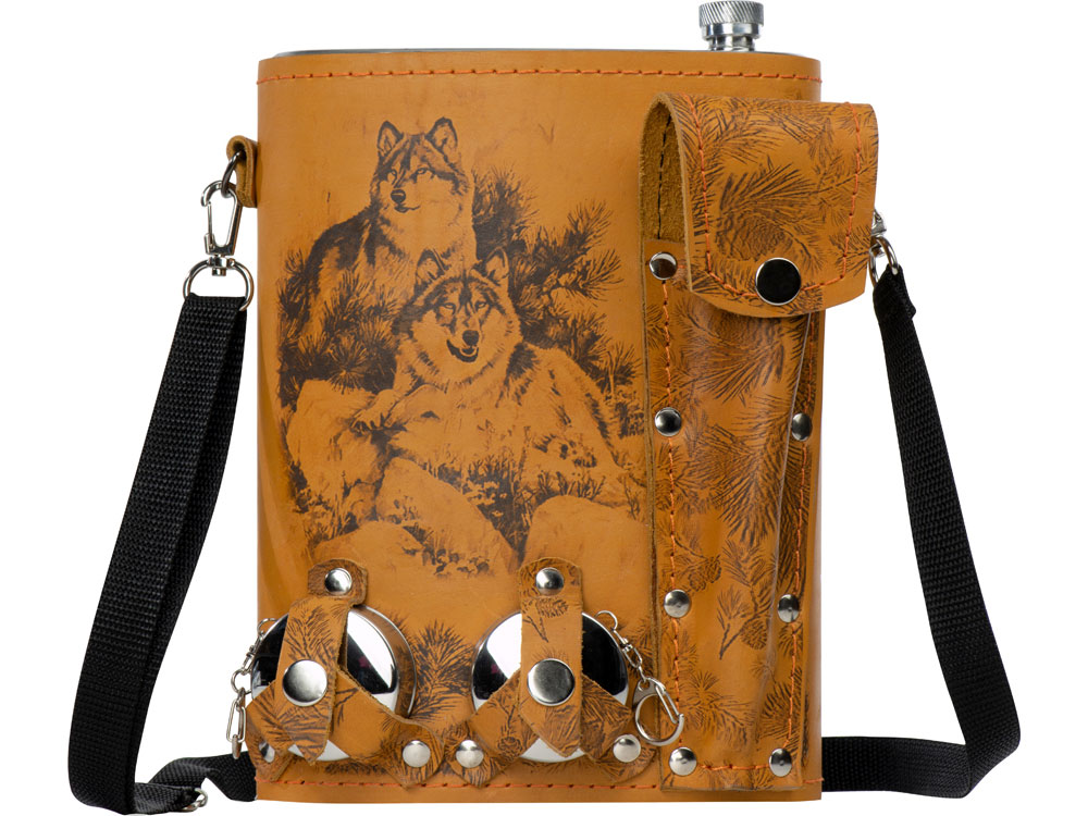 Набор Подарочный: фляга 511/2 (рыжая кожа), 2л+2 стаканчика+2 вилки — изображение 3