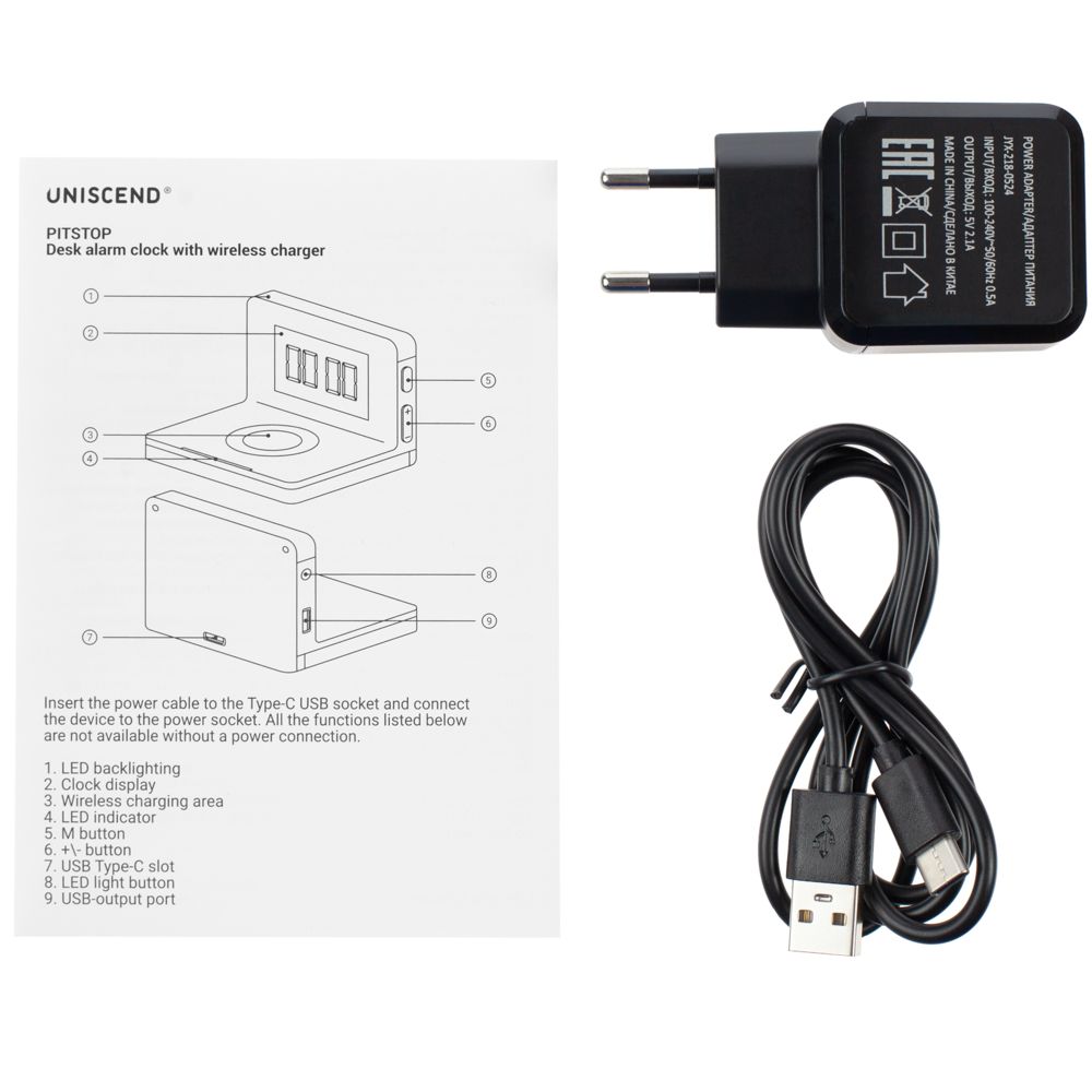 Часы настольные с беспроводным зарядным устройством Pitstop, черные — изображение 9