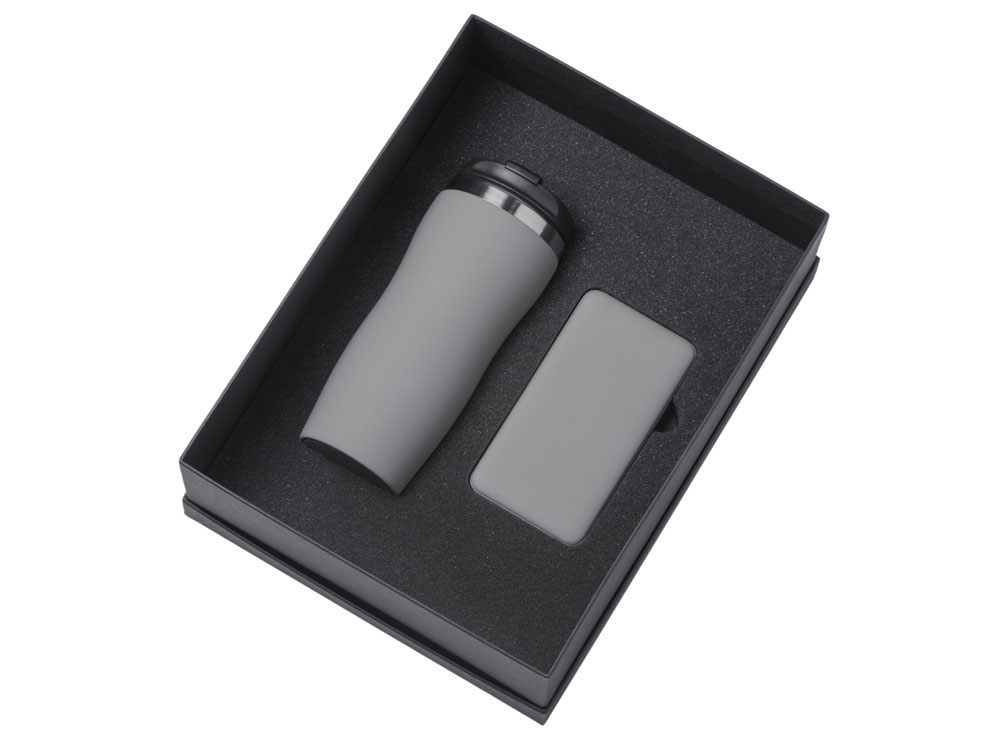 Подарочный набор c вакуумной термокружкой и повербанком С2, серый — изображение 2