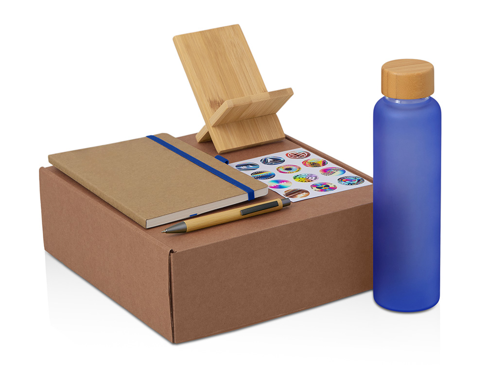 Подарочный набор с бутылкой для воды. блокнотом, ручкой и подставкой для телефона, синий