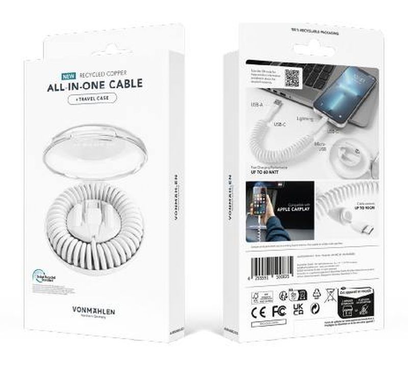 Кабель Vonmahlen Allroundo Eco для быстрой зарядки, белый — изображение 6