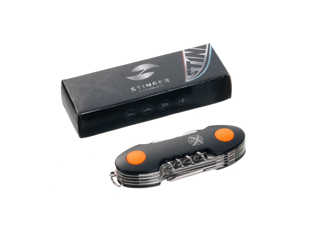 Нож перочинный Stinger, 96 мм, 15 функций, материал рукояти: алюминий, PP (черный/оранжевый) — изображение 9