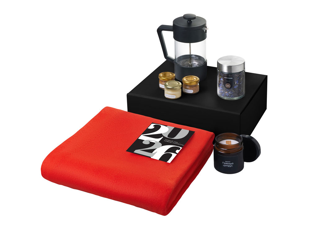 Подарочный набор c пледом, френчпрессом, чаем и медом, красный — изображение 2