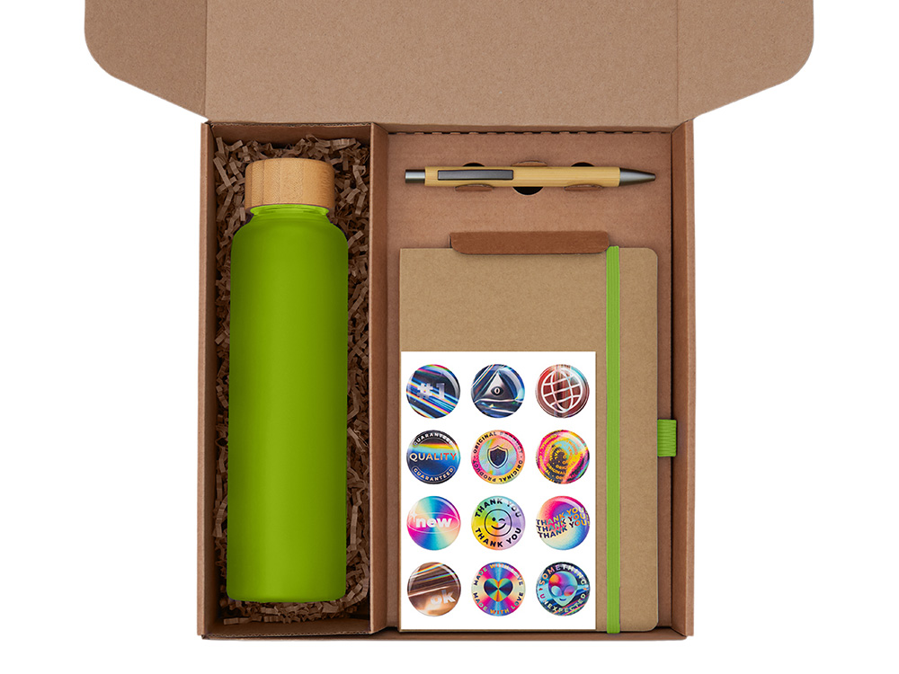 Подарочный набор с бутылкой для воды. блокнотом, ручкой и подставкой для телефона, зеленое яблоко — изображение 2