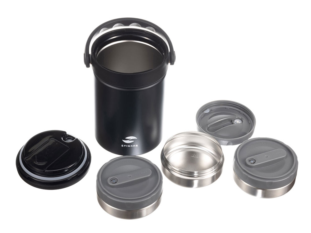 Термос ланч-бокс Stinger, 1,7 л, широкий, сталь, чёрный, три контейнера, 16,1 x 14,9 x 21,5 — изображение 5