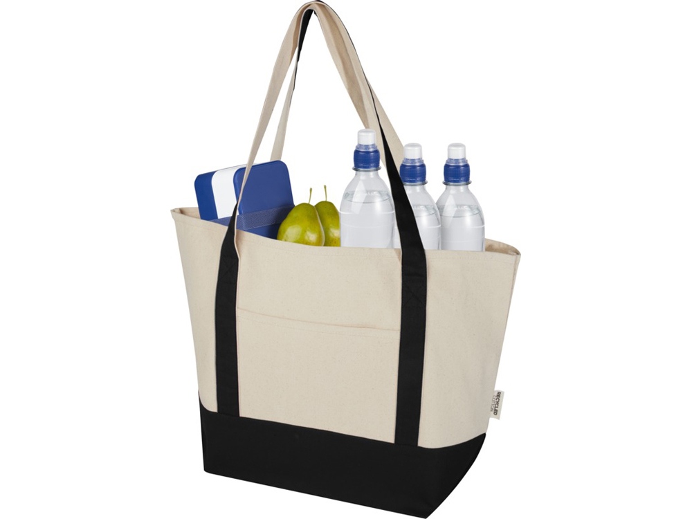 Sam эко- сумка из переработанного хлопка, сертифицированного согласно GRS, плотностью 320 г/м² - сплошной черный / Натуральный — изображение 4