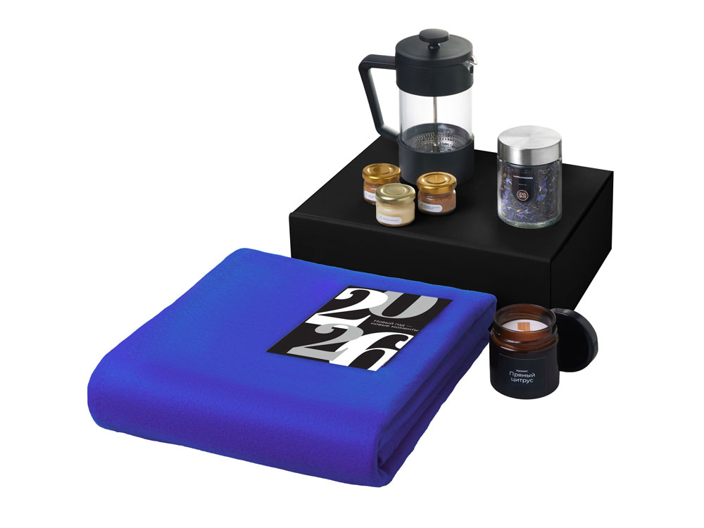 Подарочный набор c пледом, френчпрессом, чаем и медом, синий — изображение 2