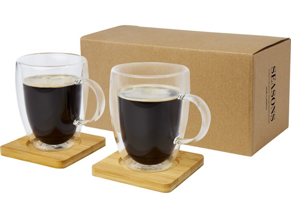 Стеклянный стакан Manti объемом 350 мл с двойными стенками и подставкой из бамбука, 2 шт. , natural