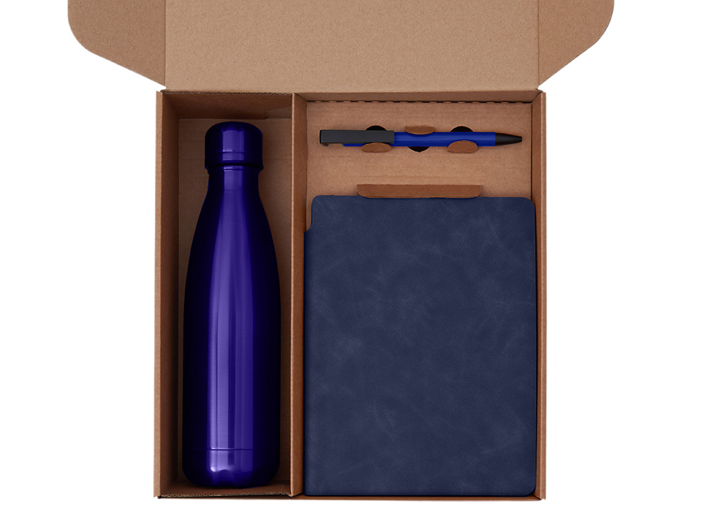 Подарочный набор с термобутылкой, блокнотом, ручкой и чаем, синий — изображение 2