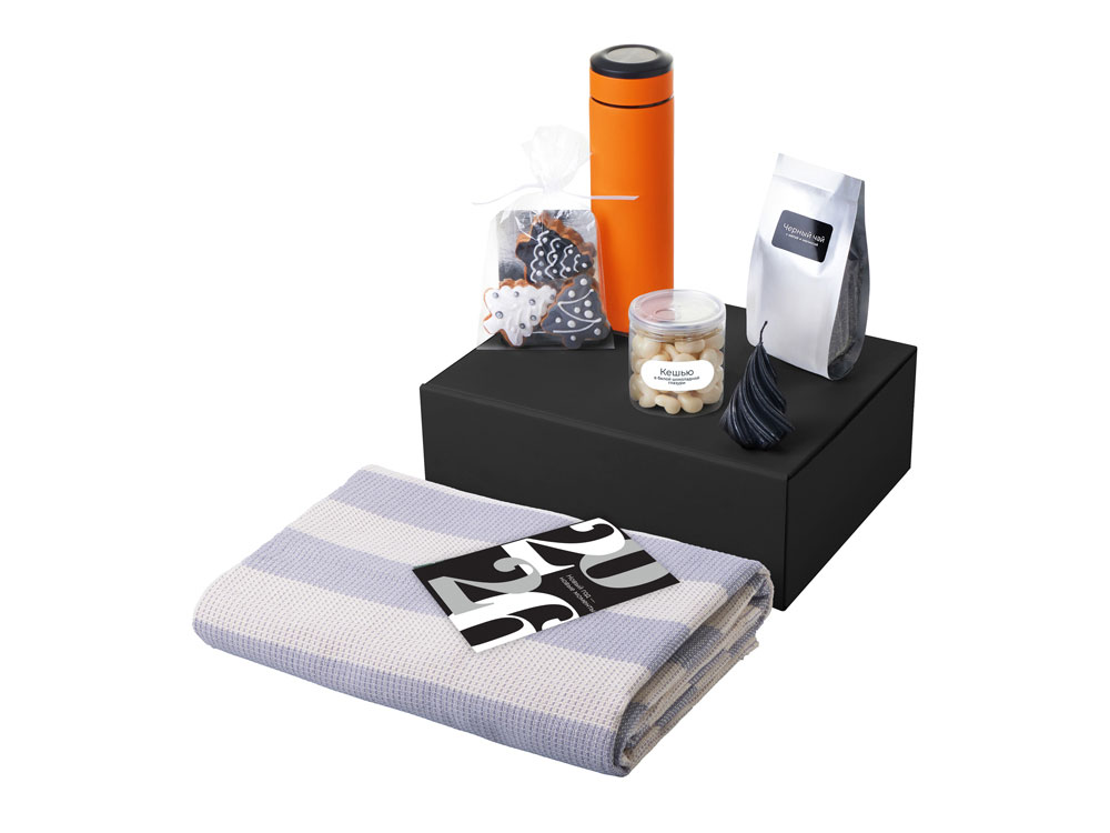 Подарочный набор c пледом, термосом, свечой и миндалем, оранжевый — изображение 2