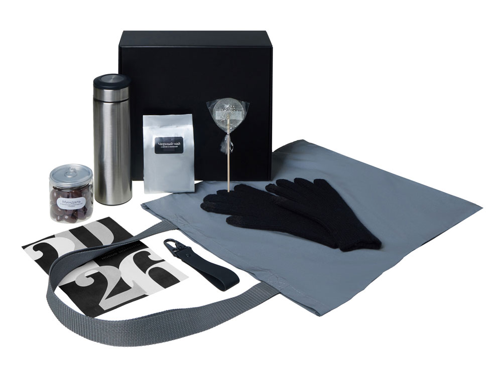 Подарочный набор с перчатками, термосом и чаем, черный — изображение 2