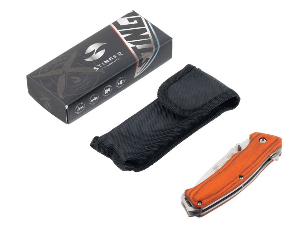 Нож складной Stinger, 110 мм, (серебристый), материал рукояти: дерево/сталь (коричневый) — изображение 5