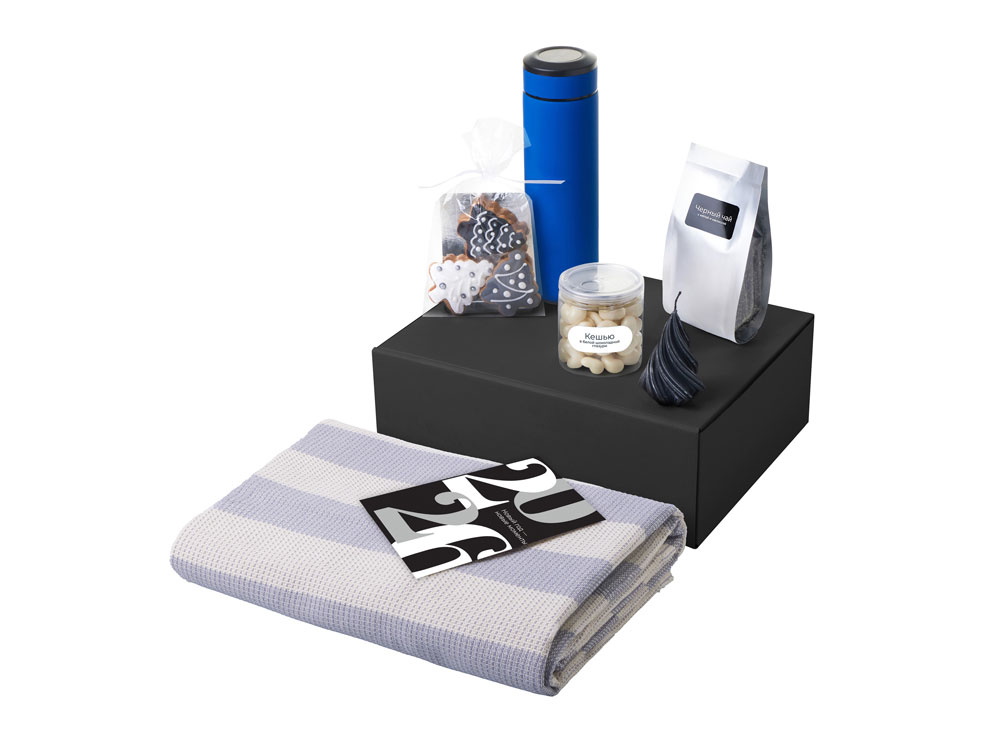 Подарочный набор c пледом, термосом, свечой и миндалем, синий — изображение 2