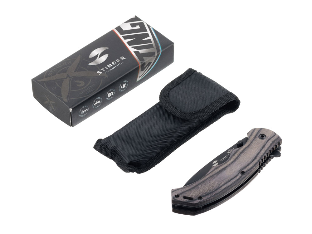 Нож складной Stinger, 120 мм, (чёрный), материал рукояти: дерево/сталь (серый), в картонной коробке — изображение 5