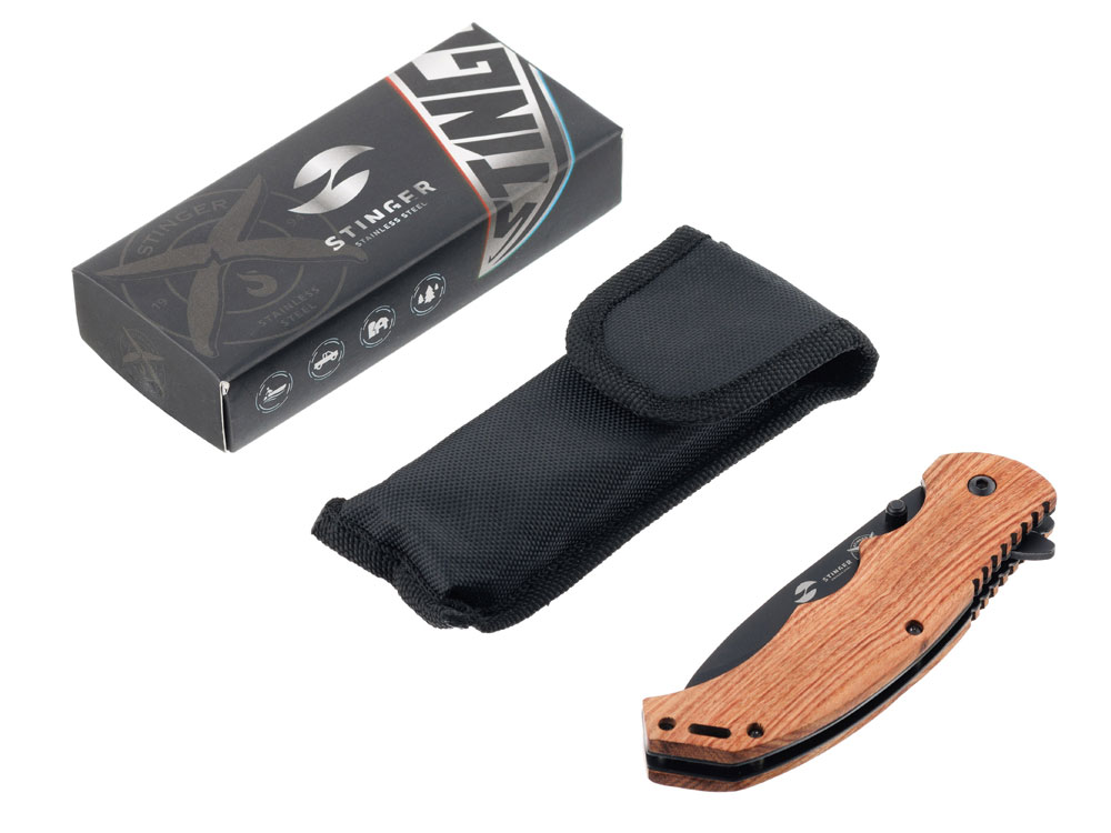 Нож складной Stinger, 120 мм, (чёрный), материал рукояти: дерево/сталь (коричневый) — изображение 5