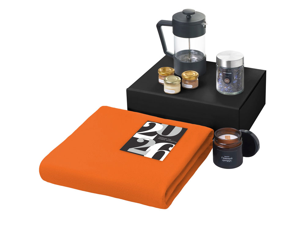 Подарочный набор c пледом, френчпрессом, чаем и медом, оранжевый — изображение 2