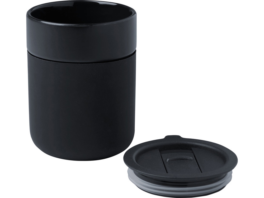 Java керамическая кружка емкостью 330 мл с силиконовой оберткой и пластиковой крышкой - сплошной черный — изображение 3