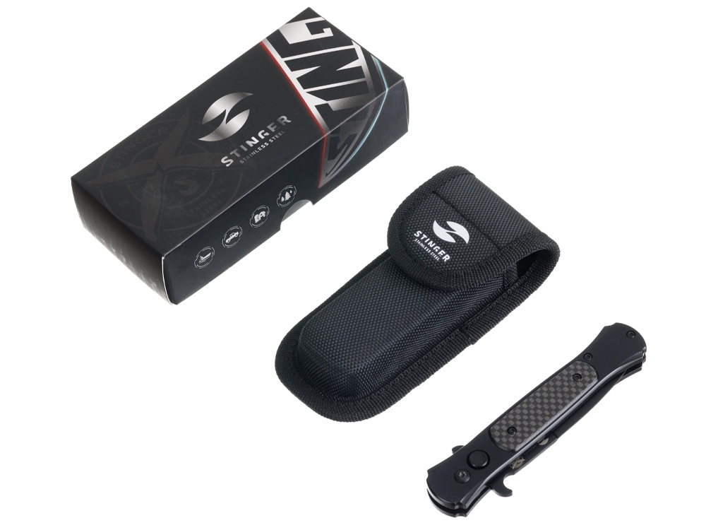 Нож складной Stinger, 118 мм, (черный), материал рукояти: нержавеющая сталь, карбон — изображение 5