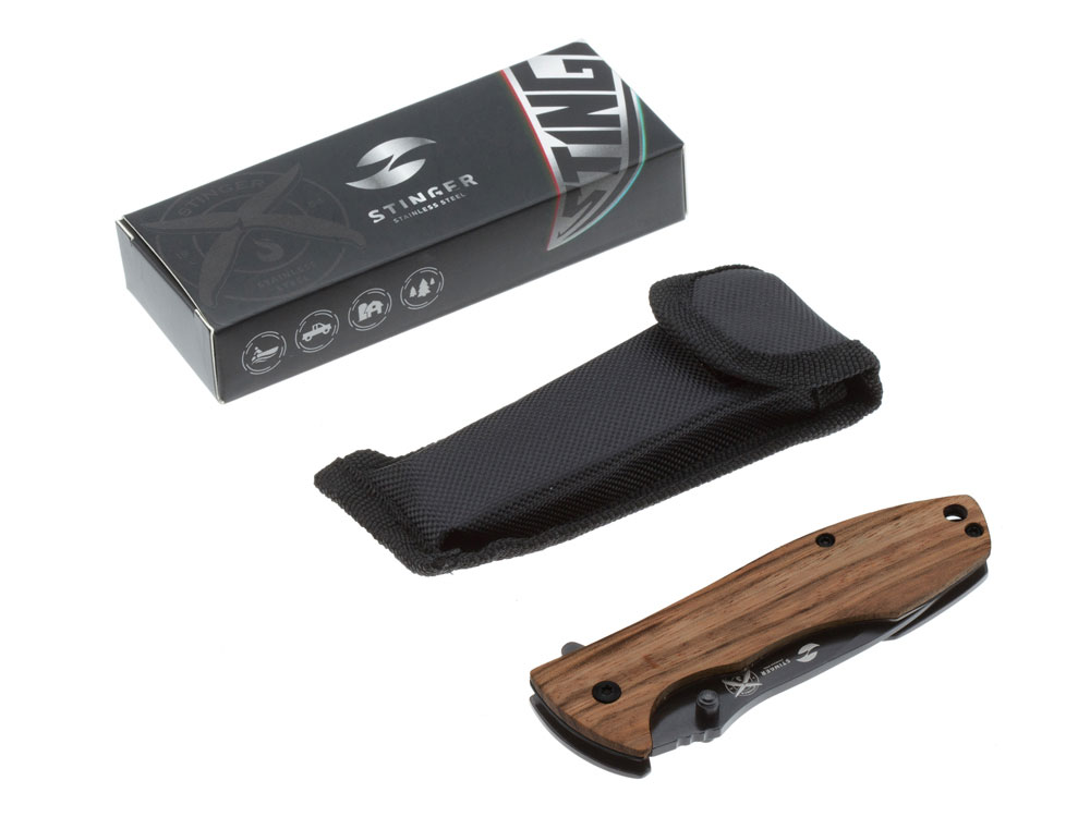 Нож складной Stinger, 80 мм, (чёрный), материал рукояти: сталь/эбеновое дерево (коричневый) — изображение 5