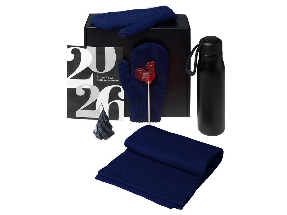 Подарочный набор с варежками, шарфом и термосом, темно-синий — изображение 2