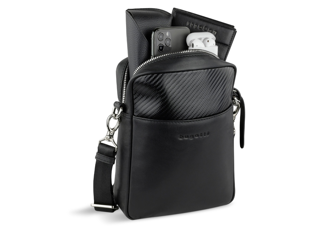 Сумка наплечная мужская BUGATTI Comet, чёрная, воловья кожа/полиэстер, 17х4,7х21 см — изображение 6