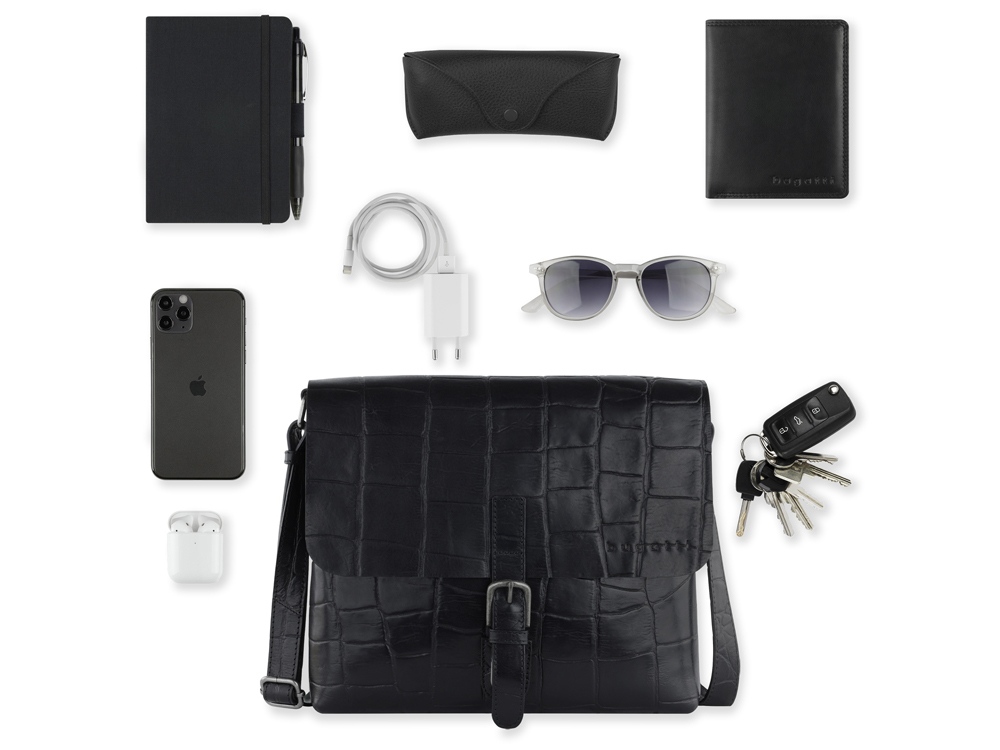 Сумка-мессенджер мужская BUGATTI Nevio, чёрная, воловья кожа/хлопок, 30,5х7х25 см, 5 л — изображение 6