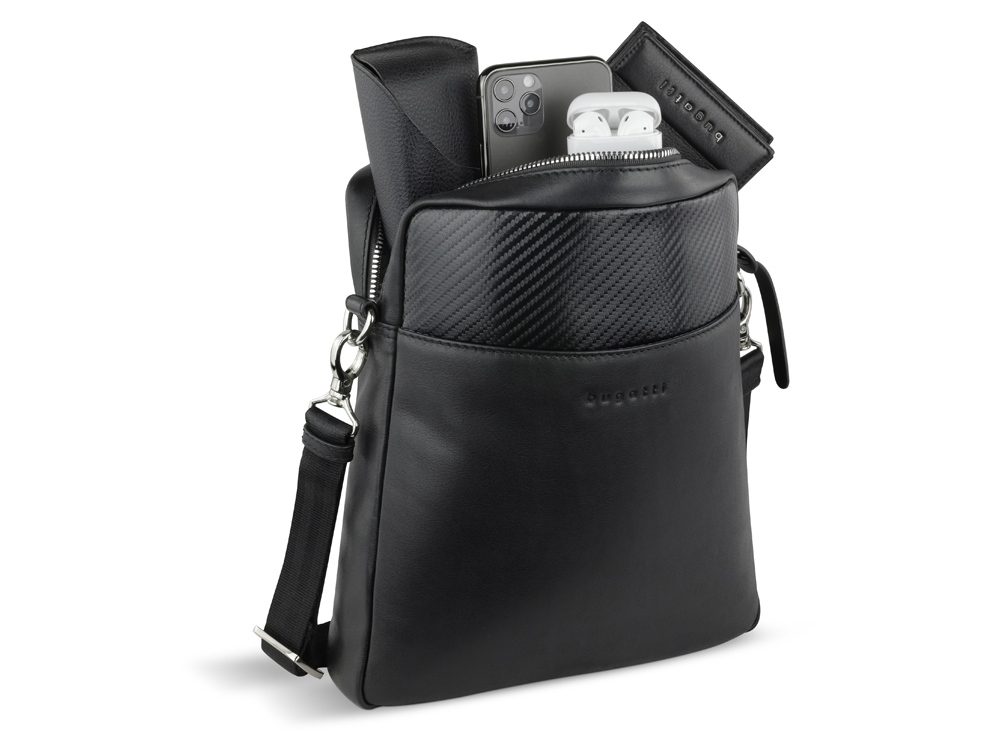 Сумка наплечная мужская BUGATTI Comet, чёрная, воловья кожа/полиэстер, 23,5х5х26 см — изображение 5