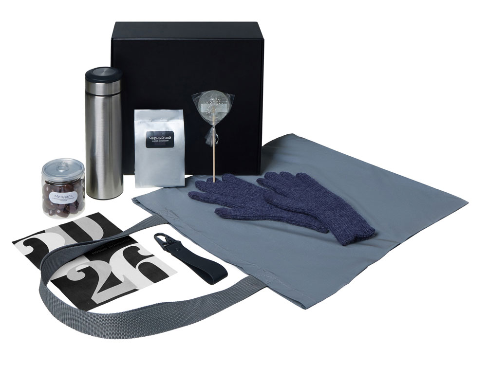 Подарочный набор с перчатками, термосом и чаем, темно-синий — изображение 2