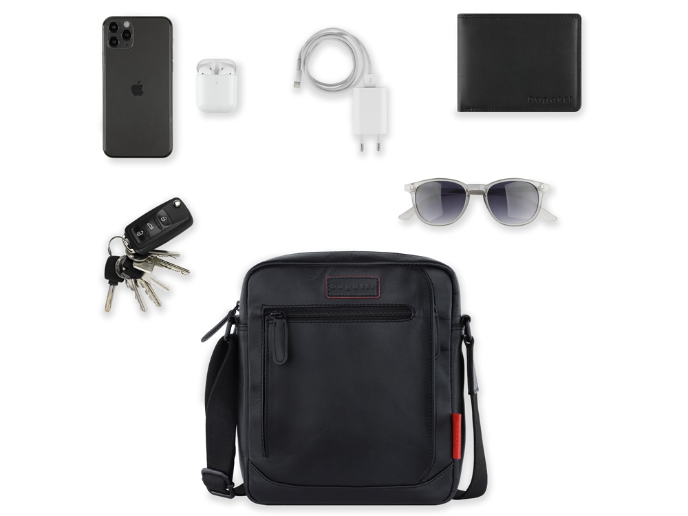 Сумка наплечная мужская BUGATTI Clark, чёрная, воловья кожа/полиэстер, 21х6,5х24 см, 3 л — изображение 6