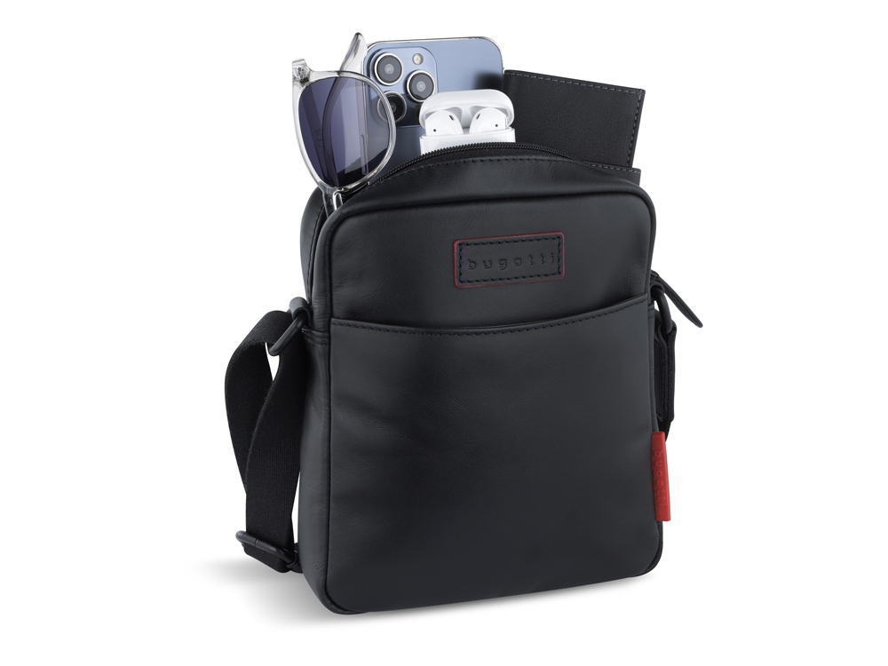 Сумка наплечная мужская BUGATTI Clark, чёрная, воловья кожа/полиэстер, 18х5,5х20 см, 2 л — изображение 5