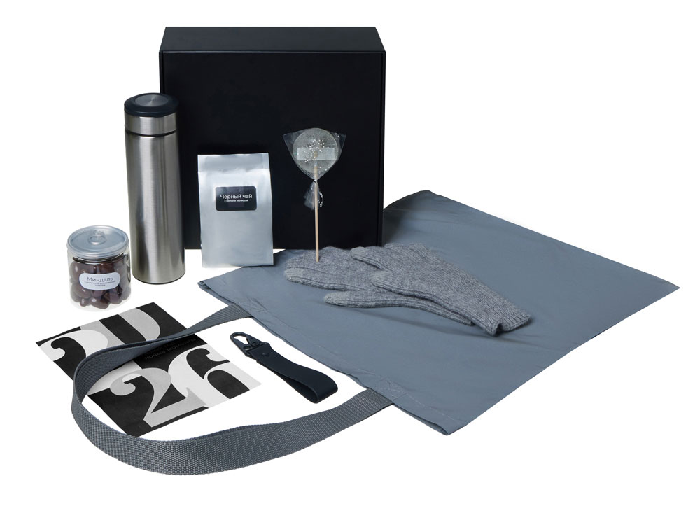 Подарочный набор с перчатками, термосом и чаем, серый — изображение 2