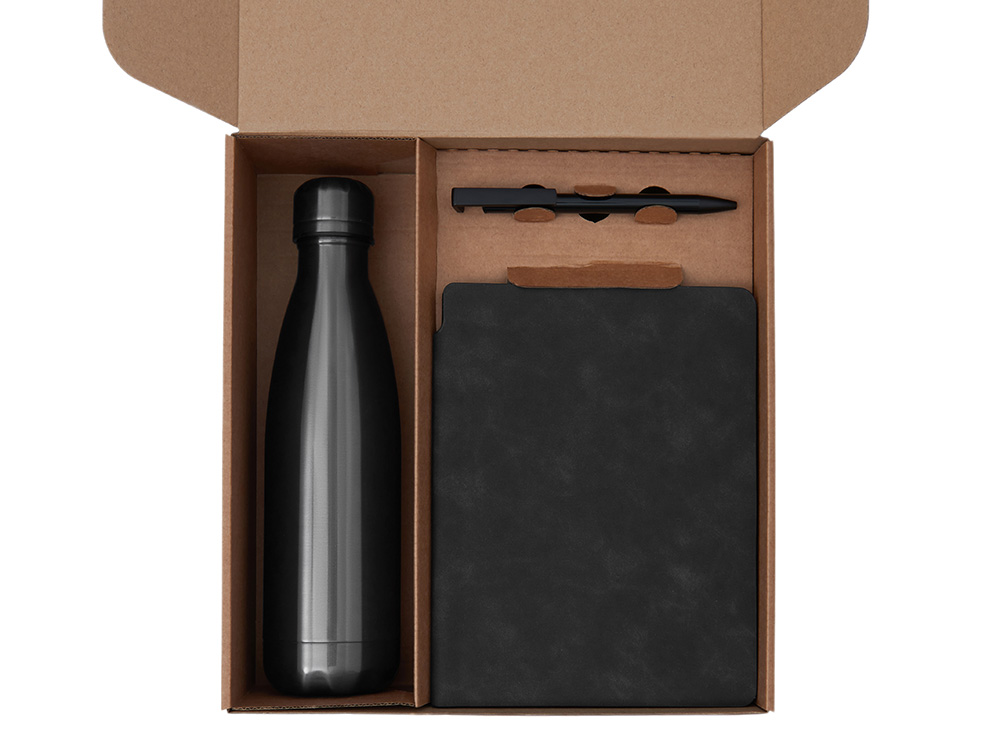 Подарочный набор с термобутылкой, блокнотом, ручкой и чаем, черный — изображение 2