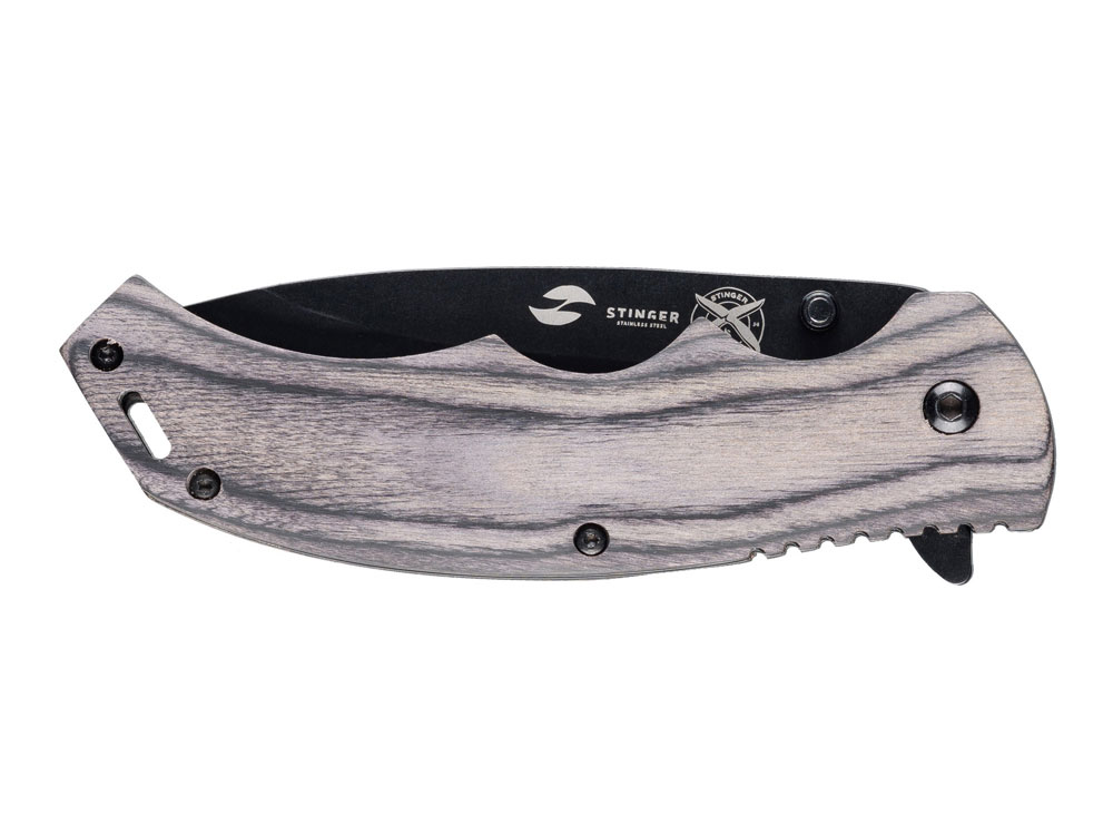 Нож складной Stinger, 120 мм, (чёрный), материал рукояти: дерево/сталь (серый), в картонной коробке — изображение 2