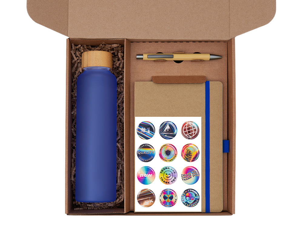 Подарочный набор с бутылкой для воды. блокнотом, ручкой и подставкой для телефона, синий — изображение 2