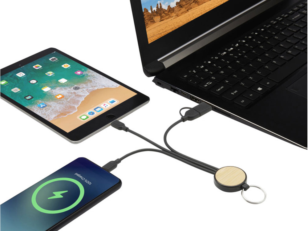 Кабель для зарядки Tecta 6 в 1 из переработанного пластика/бамбука с брелком, сплошной черный — изображение 5