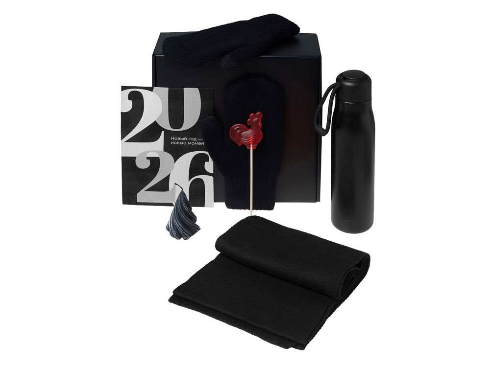 Подарочный набор с варежками, шарфом и термосом, черный — изображение 2