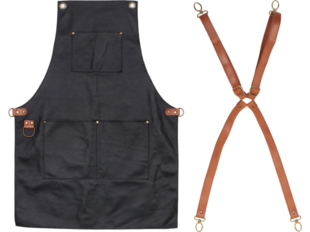 Фартук из натуральной кожи флотер Материал: натуральная кожа КРС, цвет фартука: черный, цвет ремней: светлый бук, фурнитура из металлического сплава ЦАМ, цвет фурнитуры: антик, размер универсальный — изображение 7
