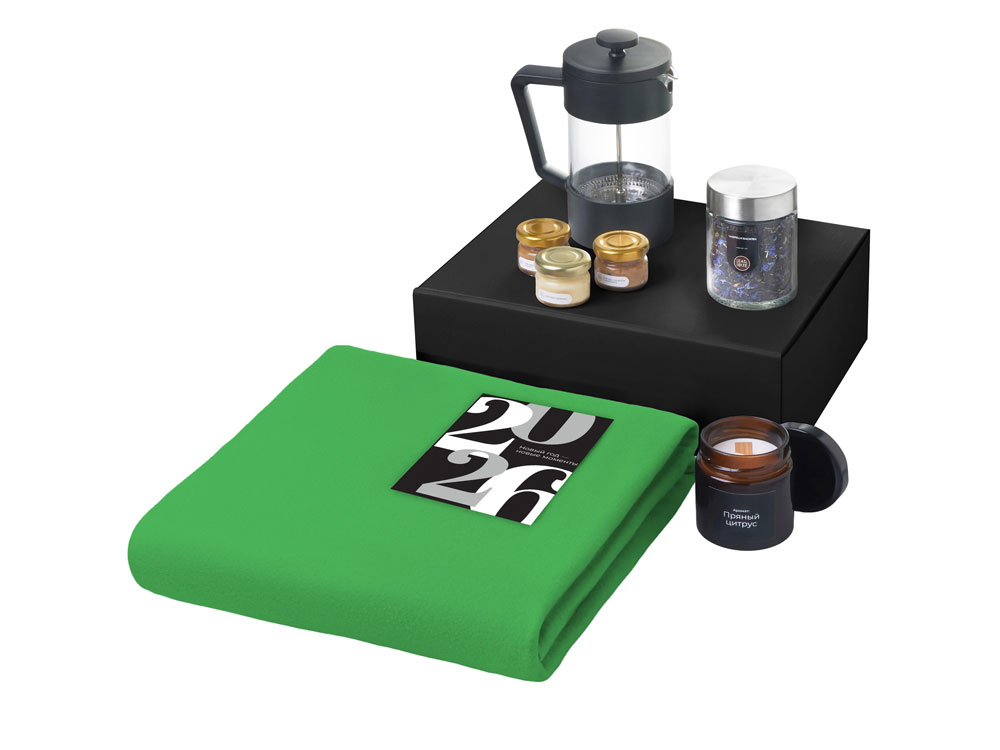 Подарочный набор c пледом, френчпрессом, чаем и медом, зеленый — изображение 2