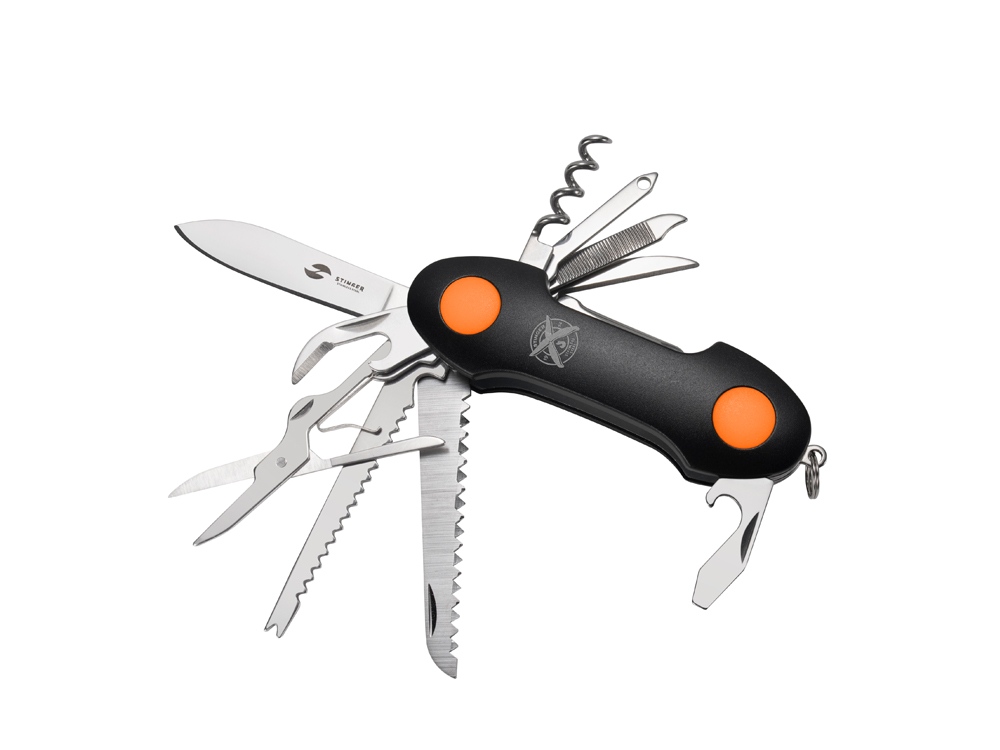 Нож перочинный Stinger, 96 мм, 15 функций, материал рукояти: алюминий, PP (черный/оранжевый) — изображение 2