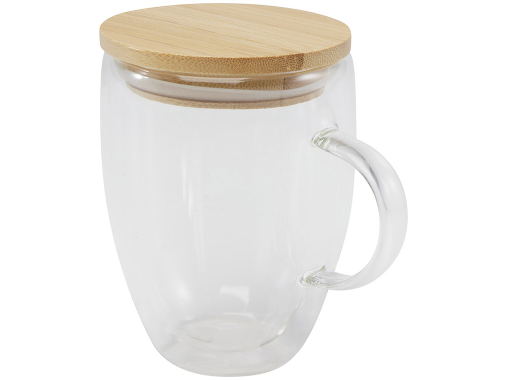 Стеклянная кружка Leona объемом 350 мл с бамбуковой крышкой - прозрачный — изображение 3