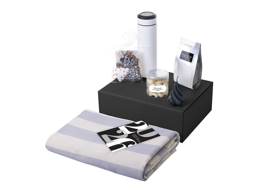 Подарочный набор c пледом, термосом, свечой и миндалем, белый — изображение 2